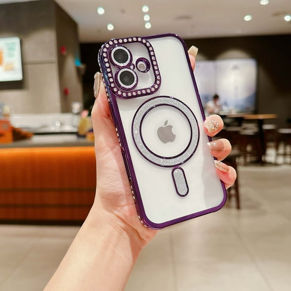 Compatible with iPhone 16 Magnetic Phone Case,Diamond-embedded Frame Designing,With Lens Film,Bling Glitter Magnetic Ring,Shockproof Cute Bling Transparent Phone Case,Darkpurple