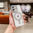 thumbnail image 1 of Compatible with iPhone 16 Magnetic Phone Case,Diamond-embedded Frame Designing,With Lens Film,Bling Glitter Magnetic Ring,Shockproof Cute Bling Transparent Phone Case,Silver, 1 of 12