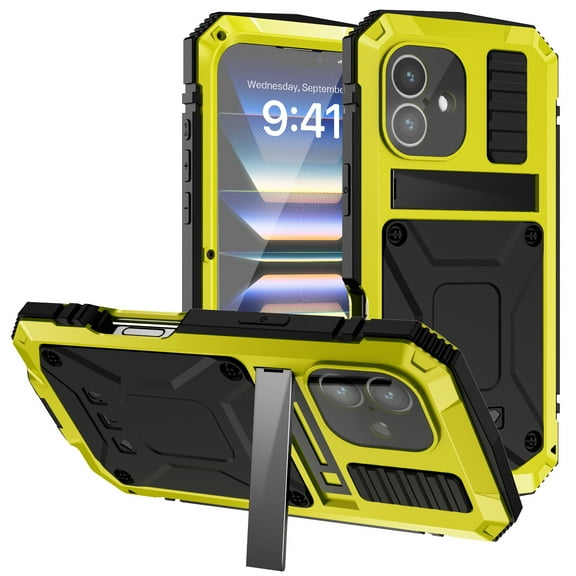 Compatible with iPhone 16 Metal Case, with Screen Protector Camera Lens Protector Military Rugged Heavy Duty Shockproof Case with Metal Kickstand Full Body Tough Dustproof Case, Yellow