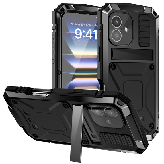 Compatible with iPhone 16 Metal Case, with Screen Protector Camera Lens Protector Military Rugged Heavy Duty Shockproof Case with Metal Kickstand Full Body Tough Dustproof Case, Black