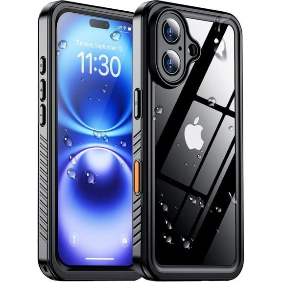 Compatible with iPhone 16 Phone Case Black/Clear | Waterproof, Built-in Screen, Camera Protector, IP68, Underwater, Full Body, 16FT, Military Dropproof, Shockproof, 6.1"