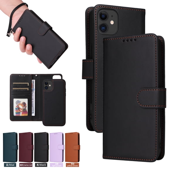 Compatible with iPhone 16 Phone Case Detachable Wallet, Magnetic Flip Folio with Credit Card Holder & Cash Slot, Premium PU Leather, Wristlet, Kickstand Shockproof Cover, Black