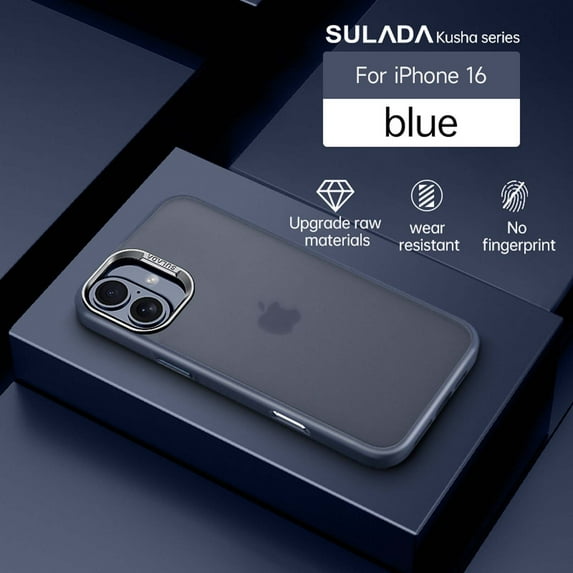 Compatible With iPhone 16 Phone Case,Frosted Translucent,Metal Button Design,Shockproof Rugged Drop-proof Anti-fall Ultra Slim Thin Fit Phone Case Cover For iPhone 16,Darkblue
