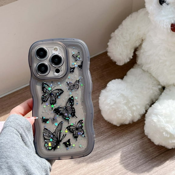 Compatible with iPhone 16 Phone Case,Glitter Bling Shiny Star Sequin Butterfly Printing,Matte Cute Curly Wavy Frame,Shockproof Anti-fall Soft TPU Aesthetic Clear Phone Case,Black