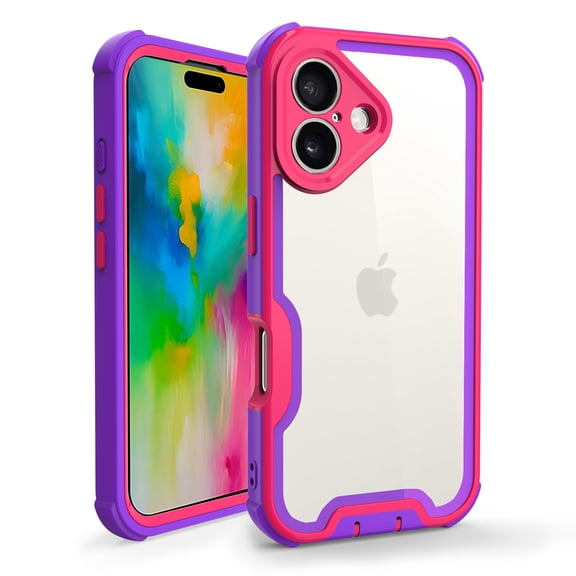 Compatible With iPhone 16 Phone Case,Heavy Duty Durable 4-Layer,Transparent Backplane,Military Grade Drop Protection Shockproof Anti-fall Rugged Bicolor Vivid Phone Case,Purple