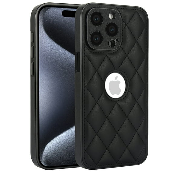 Compatible WIth iPhone 16 Phone Case with Logo Window,Trendy Diamond-checkered Pattern PU Leather Soft TPU Ultra Slim Anti-fall Shockproof Protective Back Cover Phone Case,Black