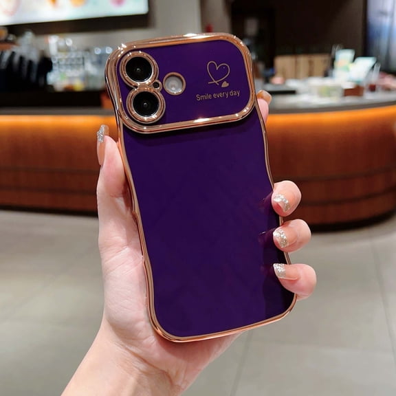 Compatible With iPhone 16 Phone Case for Women Girls,Cute Wave Frame Curly Shape with Love Heart Pattern,Luxury Plating Soft TPU Shouckproof Anti-fall Phone Case Cover,Darkpurple
