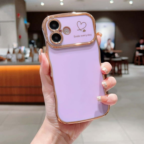 Compatible With iPhone 16 Phone Case for Women Girls,Cute Wave Frame Curly Shape with Love Heart Pattern,Luxury Plating Soft TPU Shouckproof Anti-fall Phone Case Cover,Purple