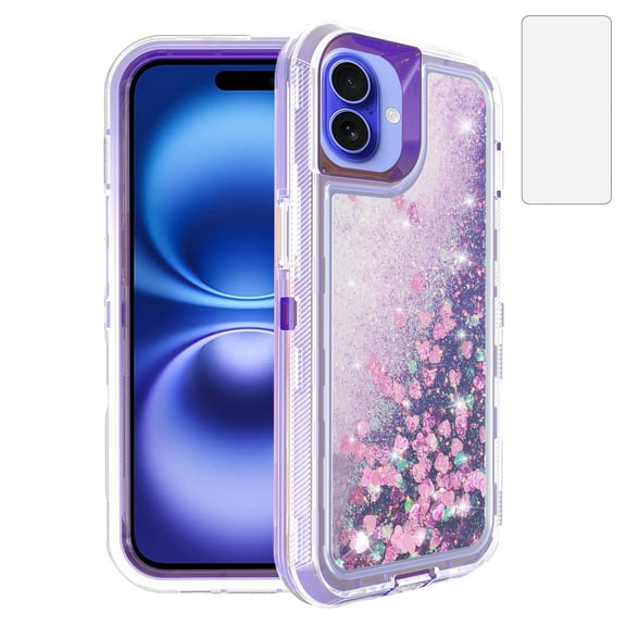 Compatible with iPhone 16 Plus 6.7 inch Phone Case Tempered Glass Screen Protector Bling Liquid Glitter Clear Hybrid Shockproof TPU Military Grade Protective Heavy Duty Cell Cover for i P16+ Purple
