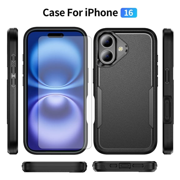 Compatible with iPhone 16 Plus 6.7 inch Phone Case Tempered Glass Screen Protector Hybrid Rugged Shockproof Hard Protective Drop Proof Full Body Heavy Duty Mobile Cell Cover for i Phone16 i16+ Black