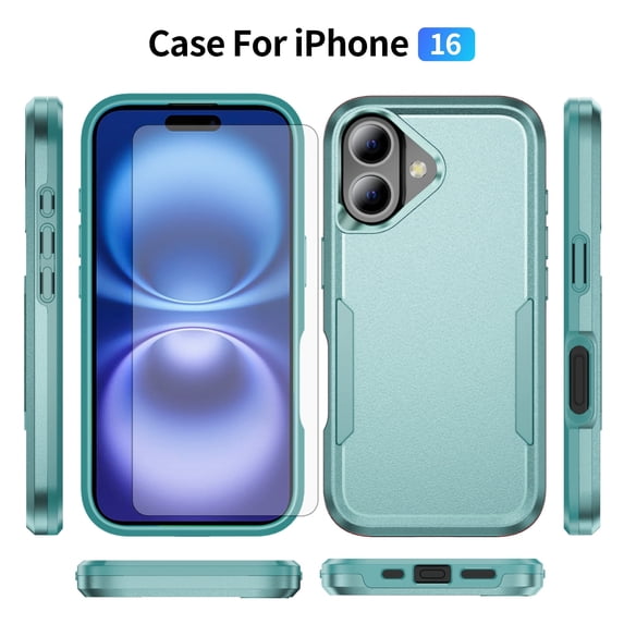 Compatible with iPhone 16 Plus 6.7 inch Phone Case Tempered Glass Screen Protector Hybrid Rugged Shockproof Hard Protective Drop Proof Full Body Heavy Duty Mobile Cell Cover for i Phone16 i16+ Green