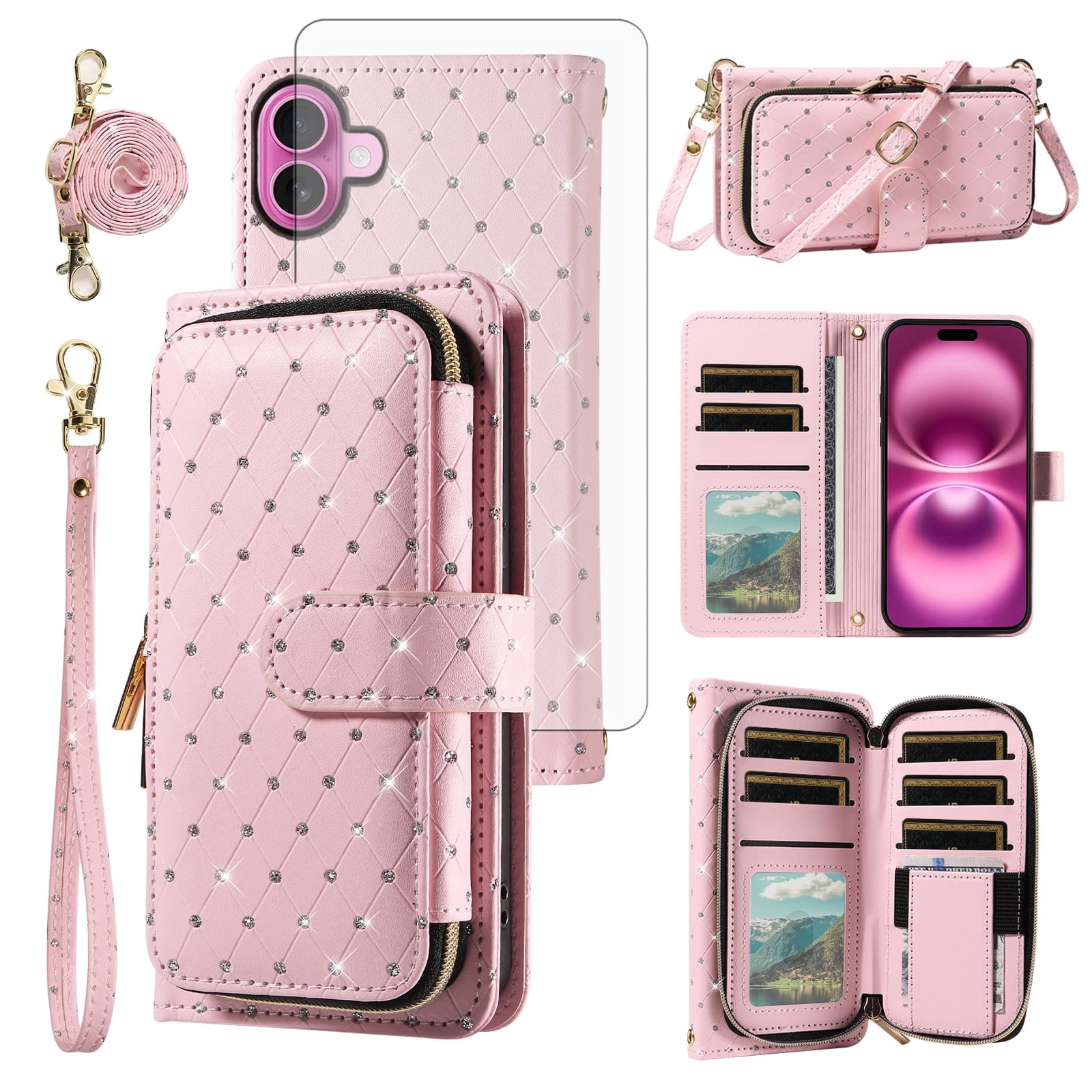 Compatible with iPhone 16 Plus 6.7 inch Wallet Phone Case Tempered Glass Screen Protector Bling Glitter Crossbody Lanyard Strap Flip Zipper Purse Card Holder Cell Cover for i Phone16+ 16P Women Pink