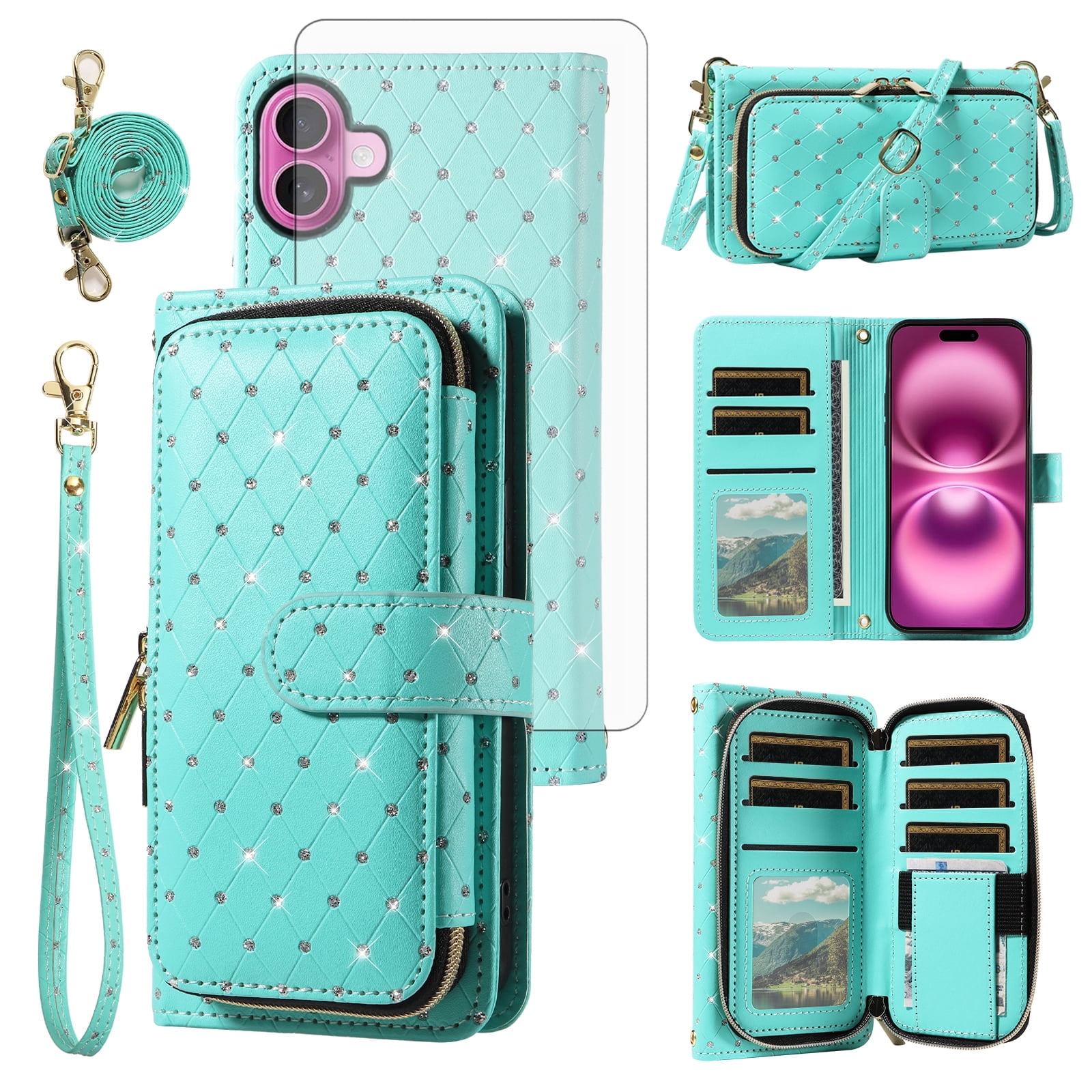 Compatible with iPhone 16 Plus 6.7 inch Wallet Phone Case Tempered Glass Screen Protector Bling Glitter Crossbody Lanyard Strap Flip Zipper Purse Card Holder Cell Cover for i Phone16+ 16P Women Green