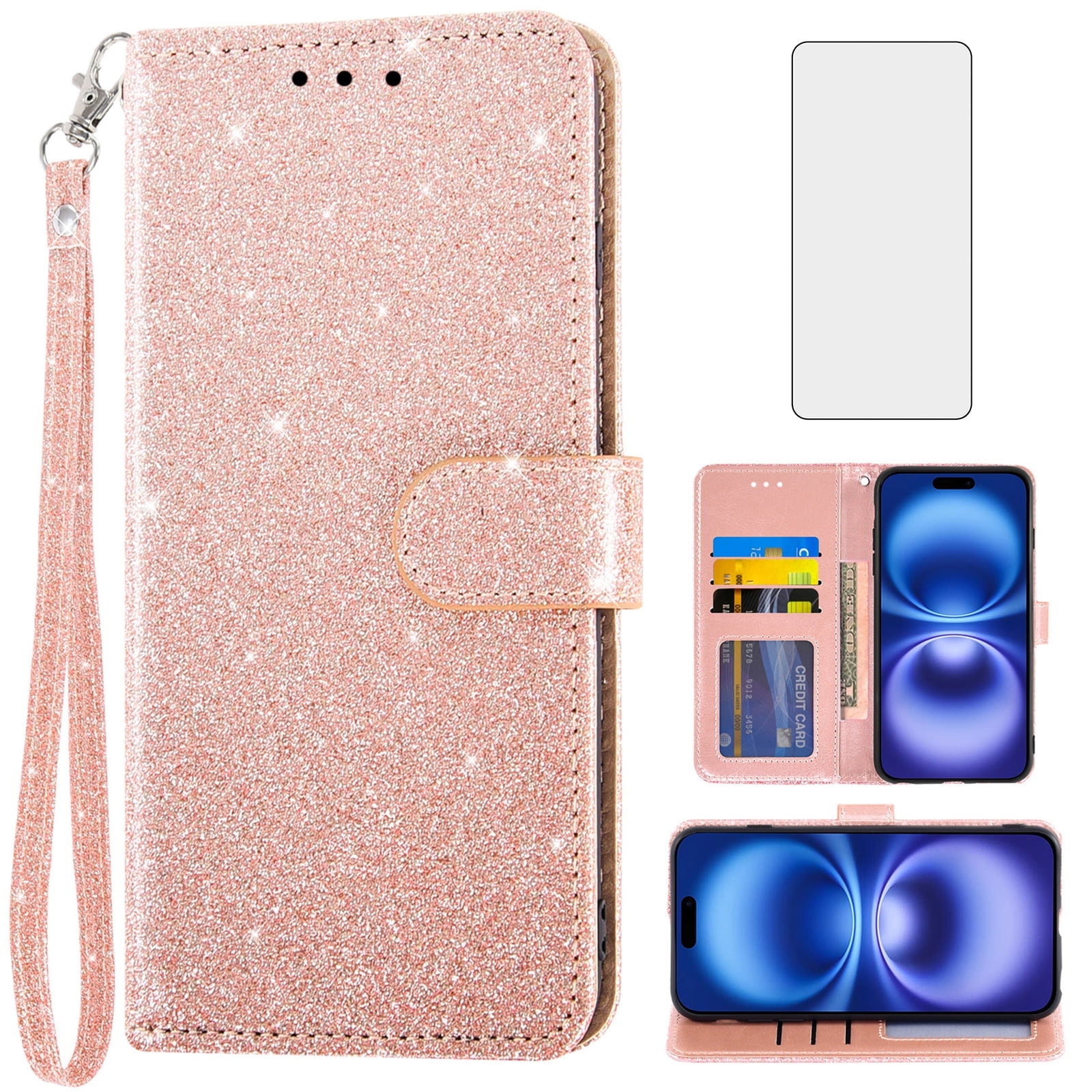 Phone Case Compatible With IPhone 16 Plus 6.7 Inch With Tempered Glass Screen Protector And Card Holder Wallet Cover Stand Flip Leather Cell Accessories I Phone16 16 I16 16Plus 2024 Women