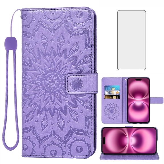 Compatible with iPhone 16 Plus 6.7 inch Wallet Phone Case and Tempered Glass Screen Protector Flip Credit Card Holder Stand Mandala Flower Cell Cover for i Phone16 16+ i16 + 16Plus Women Men Purple