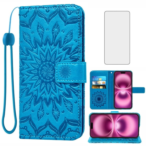 Compatible with iPhone 16 Plus 6.7 inch Wallet Phone Case and Tempered Glass Screen Protector Flip Credit Card Holder Stand Mandala Flower Cell Cover for i Phone16 16+ i16 + 16Plus Women Men Blue