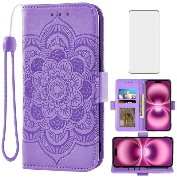 Compatible with iPhone 16 Plus 6.7 inch Wallet Phone Case and Tempered Glass Screen Protector Flip Credit Card Holder Stand Mandala Flower Cell Cover for i Phone16 16+ i16 + 16Plus Women Men Purple