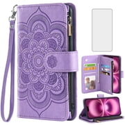 Compatible with iPhone 16 Plus 6.7 inch Wallet Phone Case and Tempered Glass Screen Protector Flower Faux Leather Flip Credit Card Holder Stand Zipper Cell Cove