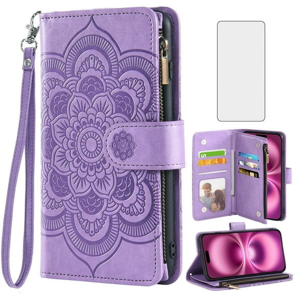 Compatible with iPhone 16 Plus 6.7 inch Wallet Phone Case and Tempered Glass Screen Protector Flower Faux Leather Flip Credit Card Holder Stand Zipper Cell Cover for i Phone16 16+ i16 + 16Plus Purple
