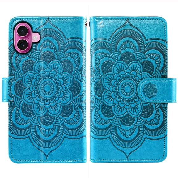 Compatible with iPhone 16 Plus 6.7 inch Wallet Phone Case and Tempered Glass Screen Protector Flower Faux Leather Flip Credit Card Holder Stand Zipper Cell Cover for i Phone16 16+ i16 + 16Plus Blue