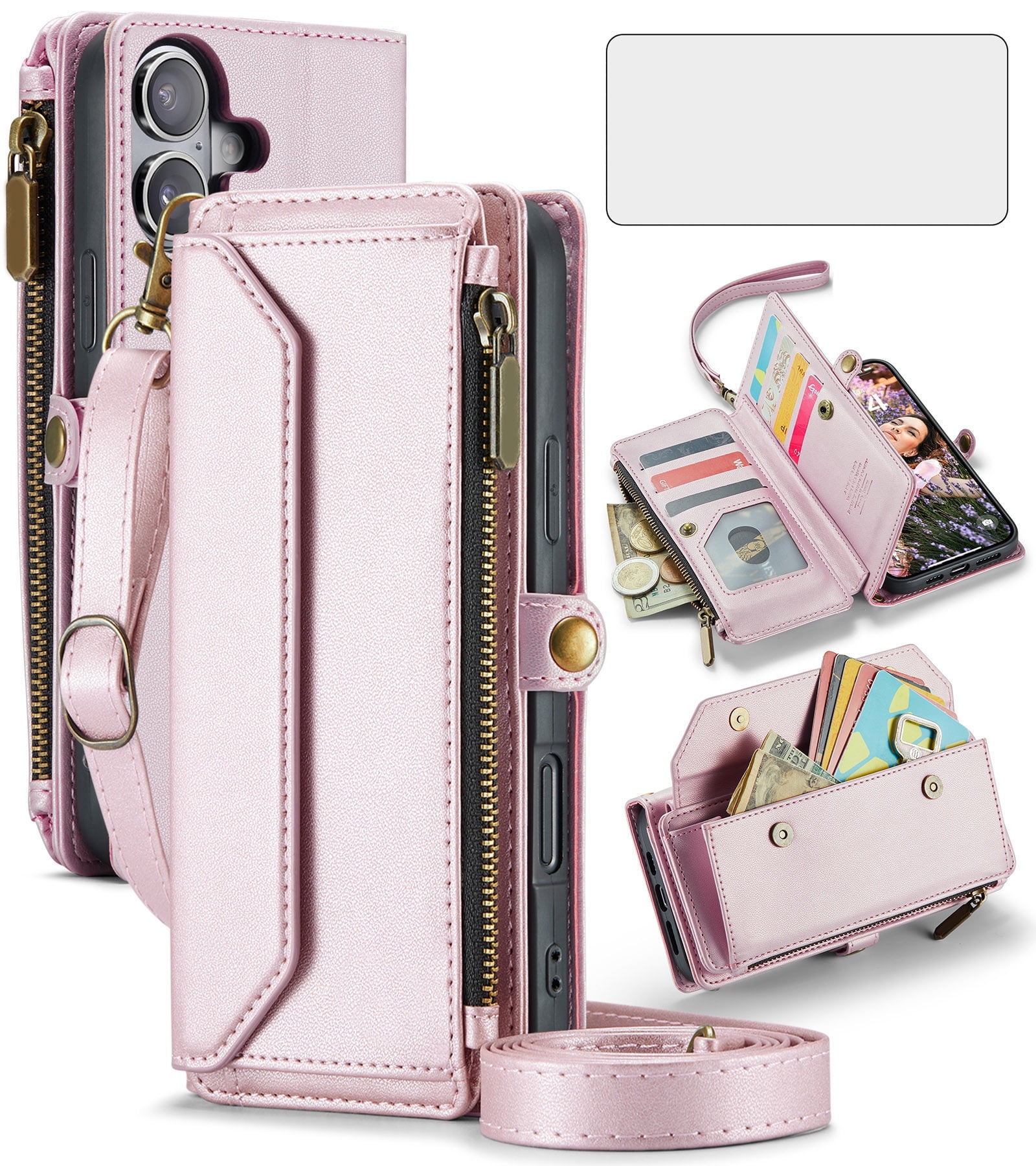 Compatible with iPhone 16 Plus 6.7 inch Zipper Wallet Phone Case Tempered Glass Screen Protector Crossbody Lanyard Strap Flip Card Holder Slot Cell Cover for i Phone16 16+ i16 16Plus Women Rose Gold
