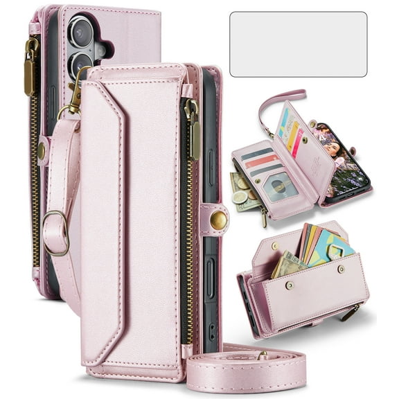 Compatible with iPhone 16 Plus 6.7 inch Zipper Wallet Phone Case Tempered Glass Screen Protector Crossbody Lanyard Strap Flip Card Holder Slot Cell Cover for i Phone16 16 i16 16Plus Women Rose Gold