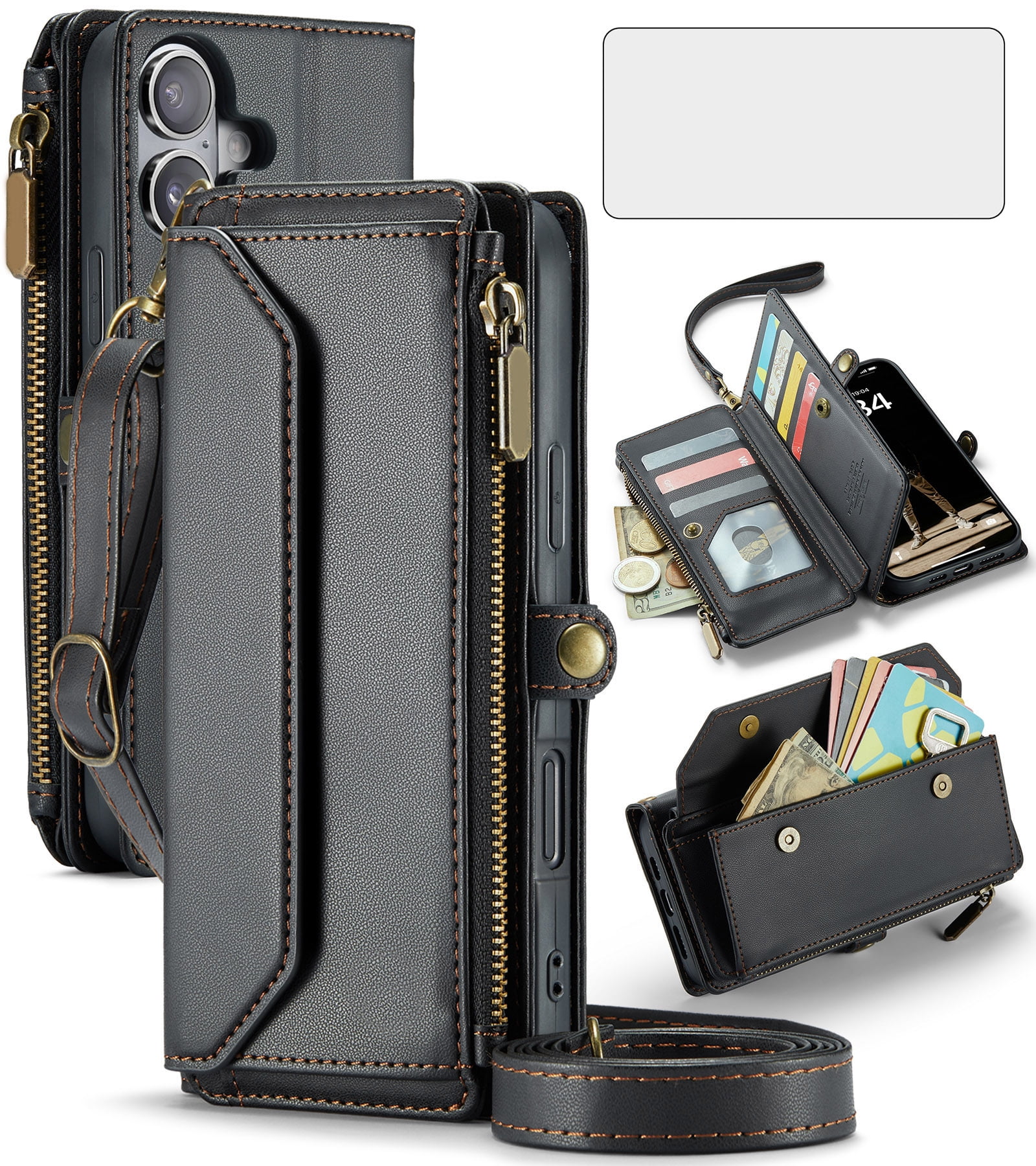 Compatible with iPhone 16 Plus 6.7 inch Zipper Wallet Phone Case Tempered Glass Screen Protector Crossbody Lanyard Strap Flip Card Holder Slot Cell Cover for i Phone16 16+ i16 + 16Plus Women Black