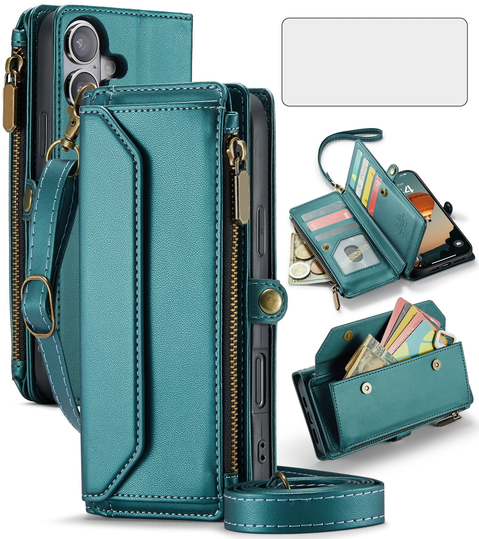 Compatible with iPhone 16 Plus 6.7 inch Zipper Wallet Phone Case Tempered Glass Screen Protector Crossbody Lanyard Strap Flip Card Holder Slot Cell Cover for i Phone16 16+ i16 + 16Plus Women Green
