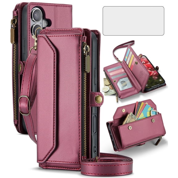 Compatible with iPhone 16 Plus 6.7 inch Zipper Wallet Phone Case Tempered Glass Screen Protector Crossbody Lanyard Strap Flip Card Holder Slot Cell Cover for i Phone16 16+ i16 + 16Plus Women Wine Red