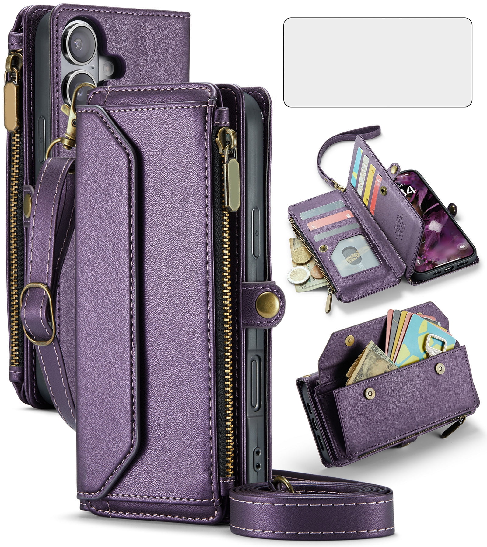 Compatible with iPhone 16 Plus 6.7 inch Zipper Wallet Phone Case Tempered Glass Screen Protector Crossbody Lanyard Strap Flip Card Holder Slot Cell Cover for i Phone16 16+ i16 + 16Plus Women Purple