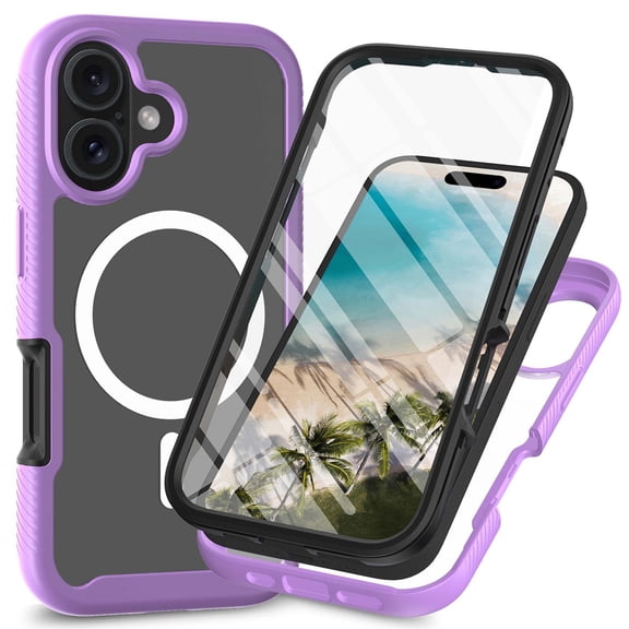 Compatible with iPhone 16 Plus Case, Built in Screen Protector Full Body Shockproof Anti-fall Heavy Duty Slim Fit Bumper Protective Magnetic Transparent Phone Cover for Men Women,Purple