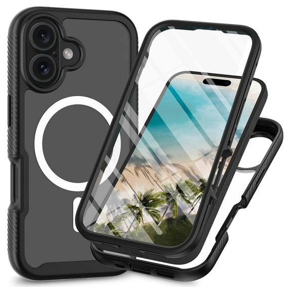 Compatible with iPhone 16 Plus Case, Built in Screen Protector Full Body Shockproof Anti-fall Heavy Duty Slim Fit Bumper Protective Magnetic Transparent Phone Cover for Men Women,Black