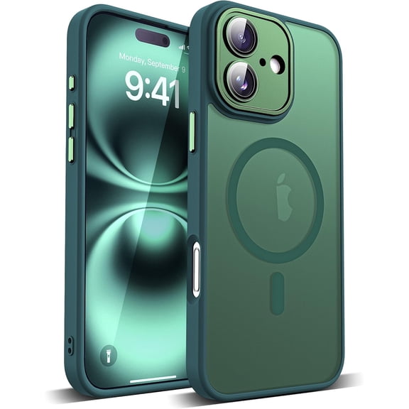 Compatible with iPhone 16 Plus Case with Built-in Camera Lens Protectors Translucent Magnetic 16 Plus Phone Case 6.7" [Compatible with Mag-Safe][Great Grip Feeling], Green