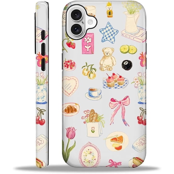 Compatible with iPhone 16 Plus Case - Hybrid Heavy Duty 2 in 1 Full Body Rugged Shockproof Protection Glossy Case for iPhone 16 Plus - Retro Patchwork Flower Bow