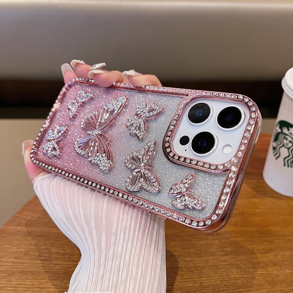 Compatible for iPhone 16 Plus Case, with Luxury Glitter Plating Cute Butterfly Rhinestone Sparkly Design Aesthetic Women Girls Shiny Bling Camera Protective Cover for iPhone 16 Plus - Pink