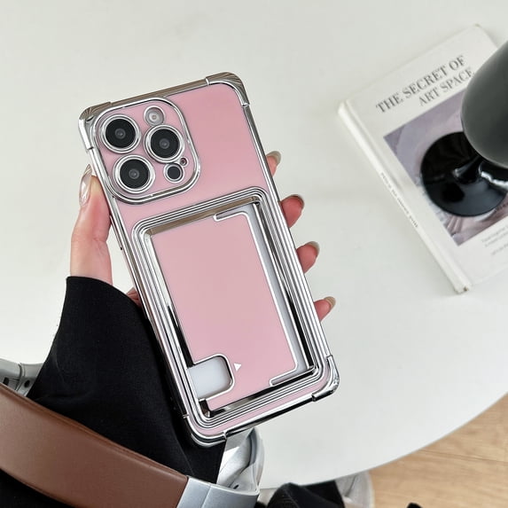 Compatible with iPhone 16 Plus Case, Luxury Ultra Slim Credit Card Slot Holder Wallet Plating Clear Soft TPU Shockproof Drop Protective Cover Phone Case for iPhone 16 Plus, Pink