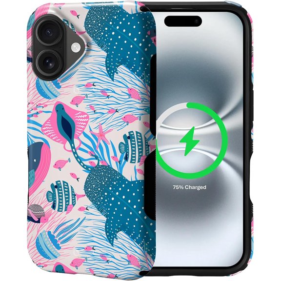 Compatible with iPhone 16 Plus Case for MagSafe, Anti-Slip Strips 2-in-1 All-Inclusive Dual-Layer Soft TPU + PC Back for Colorful Whale Blue Shark Fish Background