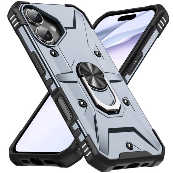 Compatible for iPhone 16 Plus Case, Military Grade Shockproof Rugged Heavy Duty Protective Durable Phone Cover with Built-in Rotating Ring Kickstand for iPhone 16 Plus, Gray
