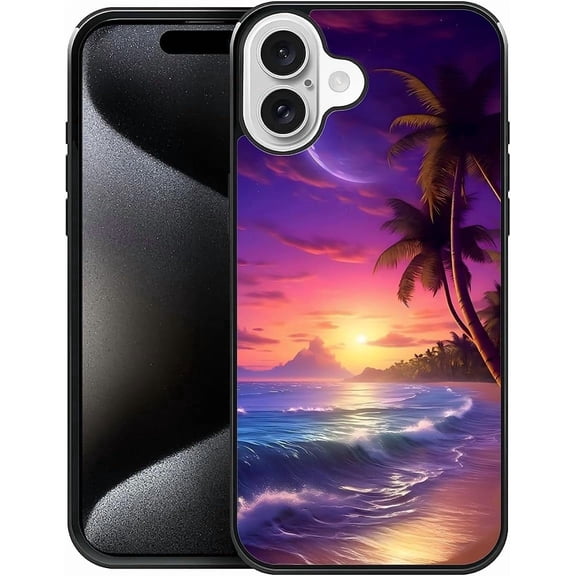 Compatible with iPhone 16 Plus Case, Pattern Design Hard PC Back Cover Non-Slip Soft TPU Protective Case for iPhone 16 Plus for Women 6.7inch-Beach Palm Leaf Vacation