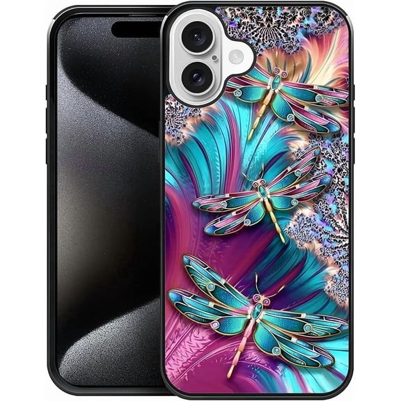 Compatible with iPhone 16 Plus Case, Pattern Design Hard PC Back Cover Non-Slip Soft TPU Protective Case for iPhone 16 Plus for Women 6.7inch-Colorful Dragonflies