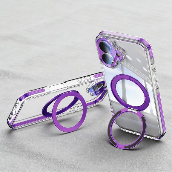 Compatible for iPhone 16 Plus Case with Ring Holder Kickstand & Full Camera Lens Protector, Thin Fit Shockproof Non-Yellowing Transparent Clear Phone Cover for iPhone 16 Plus, Darkpurple