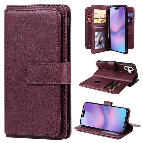 Compatible with iPhone 16 Plus Case Wallet with Card Holder[10 Card Slots] Kickstand [RFID Blocking] Magnetic PU Leather Phone Case Flip Kickstand Folio TPU Shockproof Case,Winered