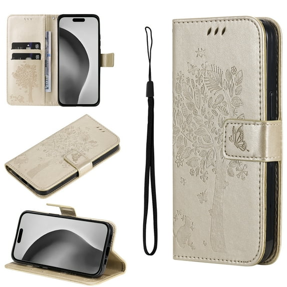 Compatible with iPhone 16 Plus Case Wallet Case with Magnetic Flip Kickstand Card Holder Slot with Wrist Strap Cute Butterfly Cat Embossed PU Leather Protective Phone Case,Gold