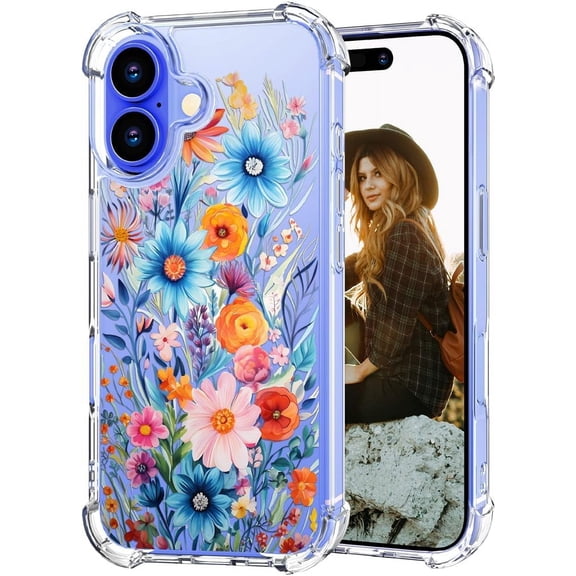 Compatible with iPhone 16 Plus Case for Women Girls Clear Design Cute, Girly Protector Blue Watercolor Spring Floral Bouquets Peony Rose Plants Natural