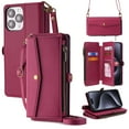 thumbnail image 1 of Compatible with iPhone 16 Plus Crossbody Wallet Case,Flip Folding Kickstand,With Card Slots,Long Strap&Short Strap,Zipper Pocket,Shockproof Heavy Duty PU Leather Phone Case,Red, 1 of 9