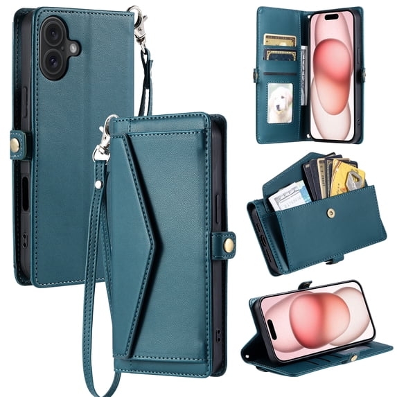 Compatible with iPhone 16 Plus Envelope Style Wallet Case, with Wrist Strap and Crossbody Strap, Flip Card Holder Stand Rugged Cell Phone Cover for iPhone 16 Plus Women Men - Green