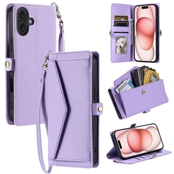 Compatible with iPhone 16 Plus Envelope Style Wallet Case, with Wrist Strap and Crossbody Strap, Flip Card Holder Stand Rugged Cell Phone Cover for iPhone 16 Plus Women Men - Purple