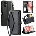 thumbnail image 1 of Compatible with iPhone 16 Plus Envelope Style Wallet Case, with Wrist Strap and Crossbody Strap, Flip Card Holder Stand Rugged Cell Phone Cover for iPhone 16 Plus Women Men - Black, 1 of 10