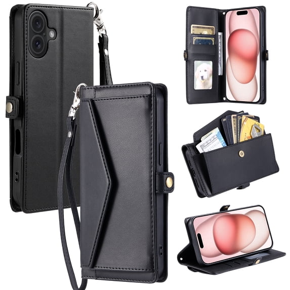 Compatible with iPhone 16 Plus Envelope Style Wallet Case, with Wrist Strap and Crossbody Strap, Flip Card Holder Stand Rugged Cell Phone Cover for iPhone 16 Plus Women Men - Black
