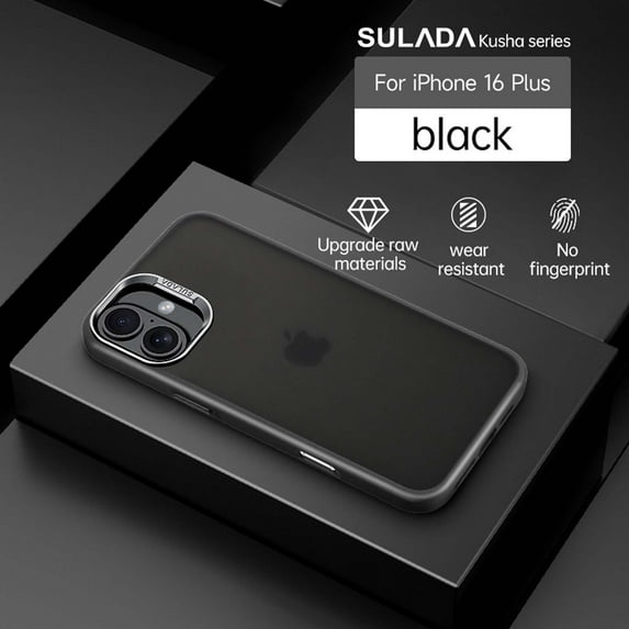 Compatible With iPhone 16 Plus Phone Case,Frosted Translucent,Metal Button Design,Shockproof Rugged Drop-proof Anti-fall Ultra Slim Thin Fit Phone Case Cover For iPhone 16 Plus,Black